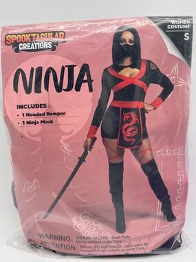 Spooktacular Creations Womens Ninja Costume Small Black Red Hooded Romper & Mask